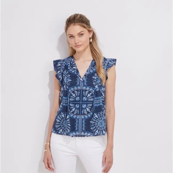 Vineyard Vines Scarf print Pintuck Flutter sleeve top size S, cotton blend - Picture 1 of 7